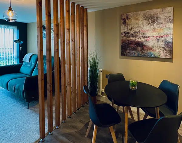 Timber room divider in living room