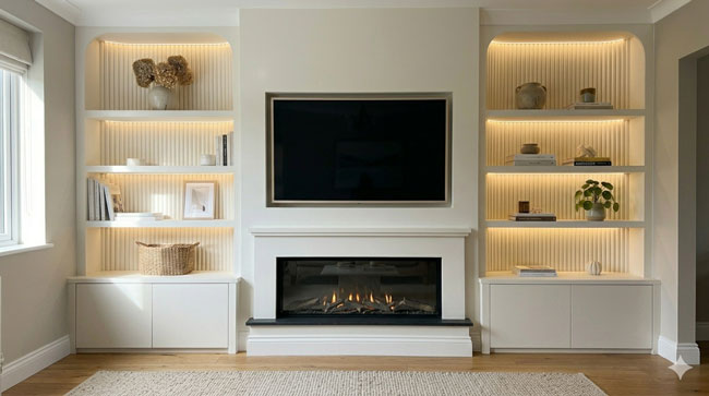 Living room media wall with a flat-screen TV above a modern gas fireplace and illuminated white shelves on both sides,