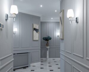 Grey wall panelling in a luxury hallway